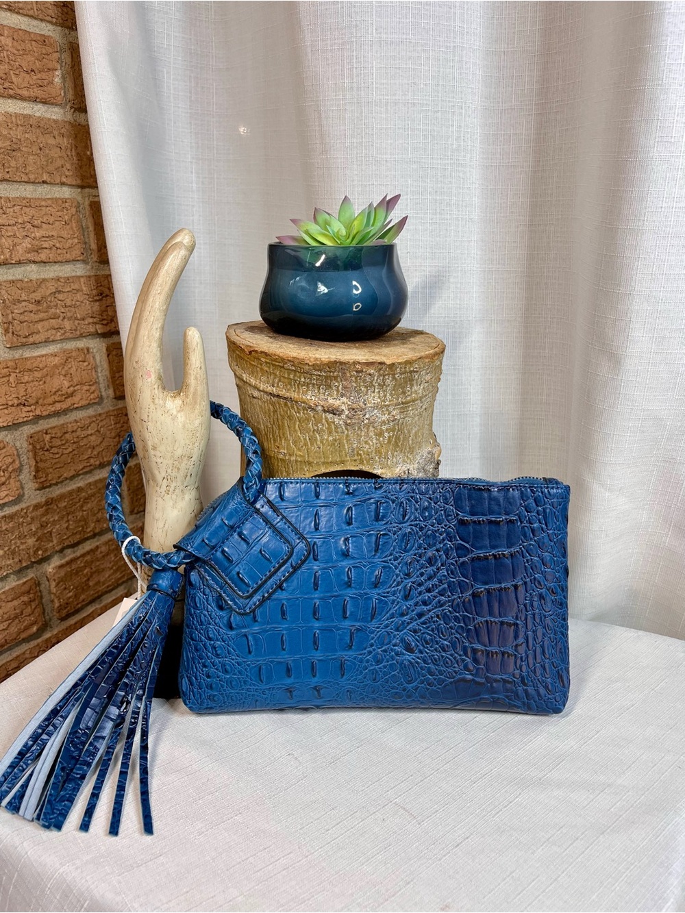 NWT Virago Collection Blue Crocodile Embossed Wristlet Clutch Tassel Bag